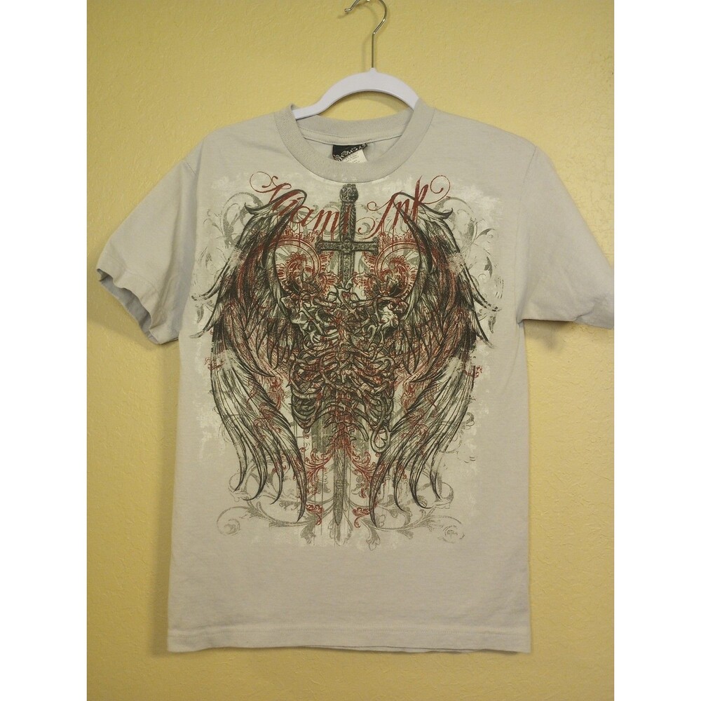 Vintage Miami Ink Adult's Size S Angel Wing Skeleton Y2K Sword Gray T-Shirt
